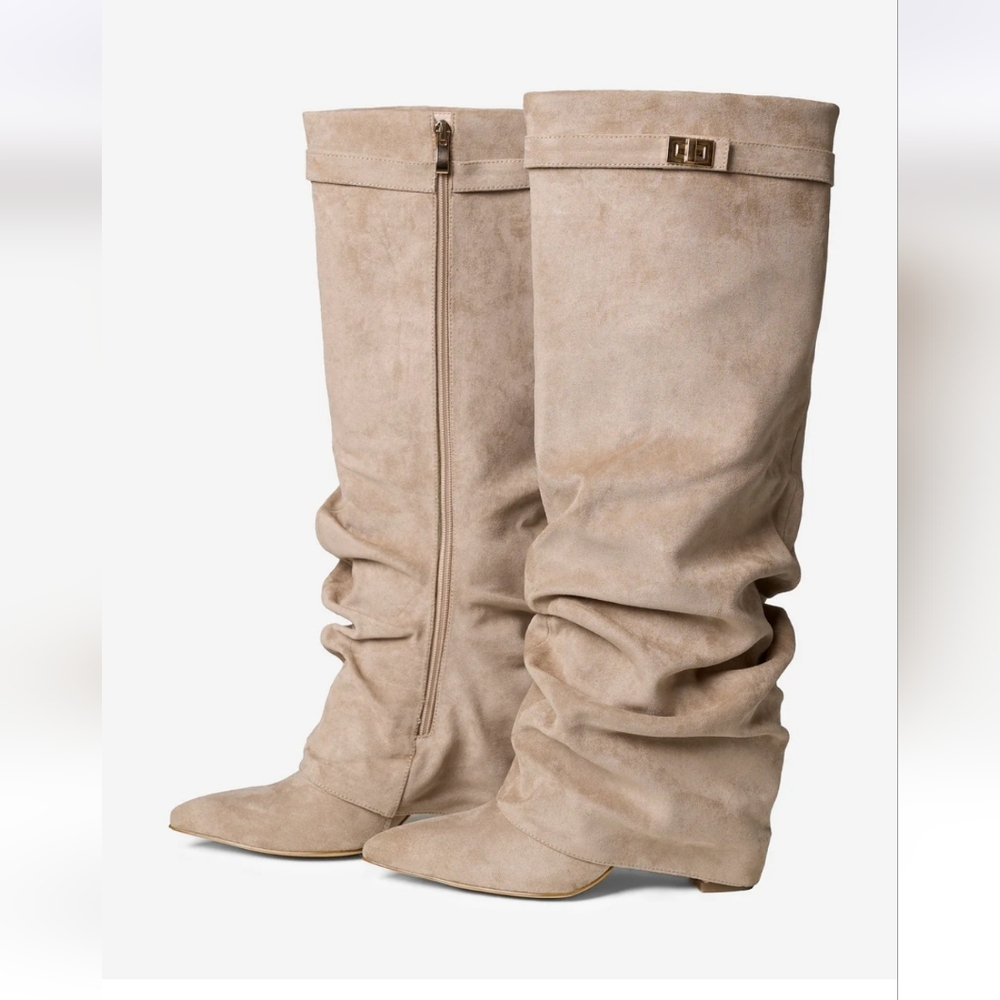 Edyisa Lavista Beige Slouchy Suede Knee High Heeled Boots - Picture 3 of 7